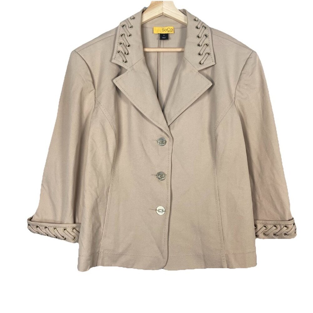 St John Soca Khaki Beige‎ Blazer Stretch Nautical Button Vintage Neutral Size XL